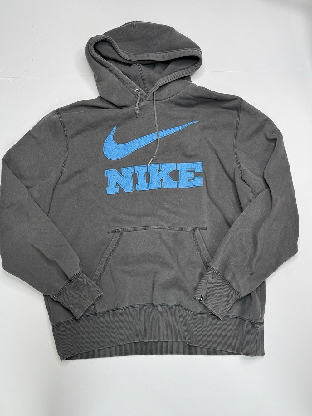 Nike Athletic Dept Hoodie Men’s XL Gray Blue Big Swoosh Spellout Distressed